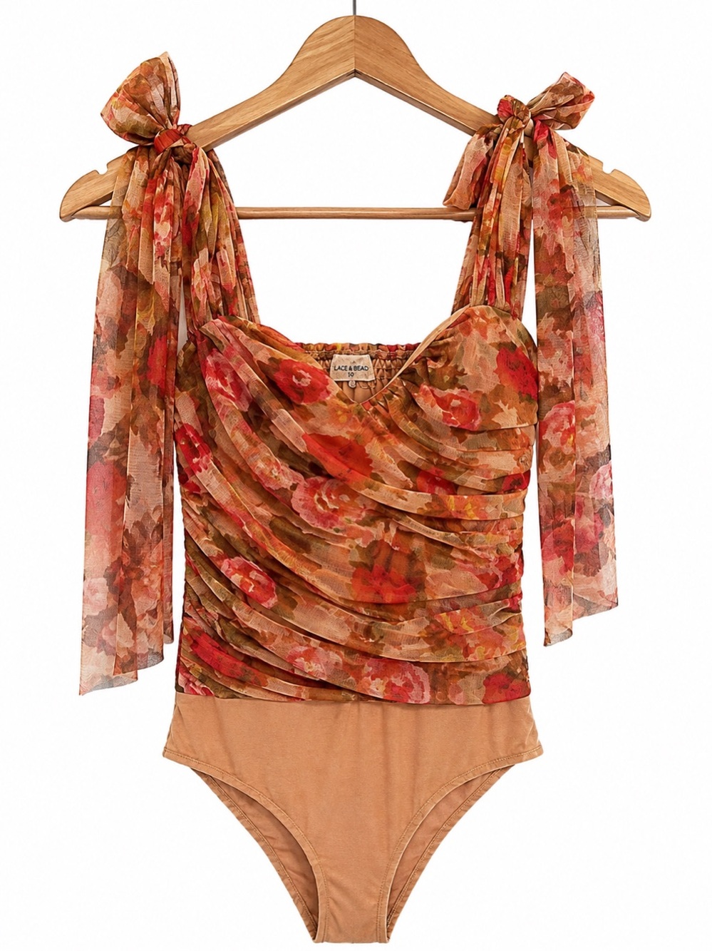 LACE & BEADS Floral Ruched Mesh Bodysuit | Romantic Occasion Top